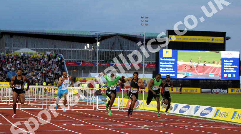 From left to right: David oliver, Aries Merritt, winner Dayron Robles,  Jason Richardson, Dwight Thomas and Kevin Craddock, 2011 Aviva London Grand Prix
